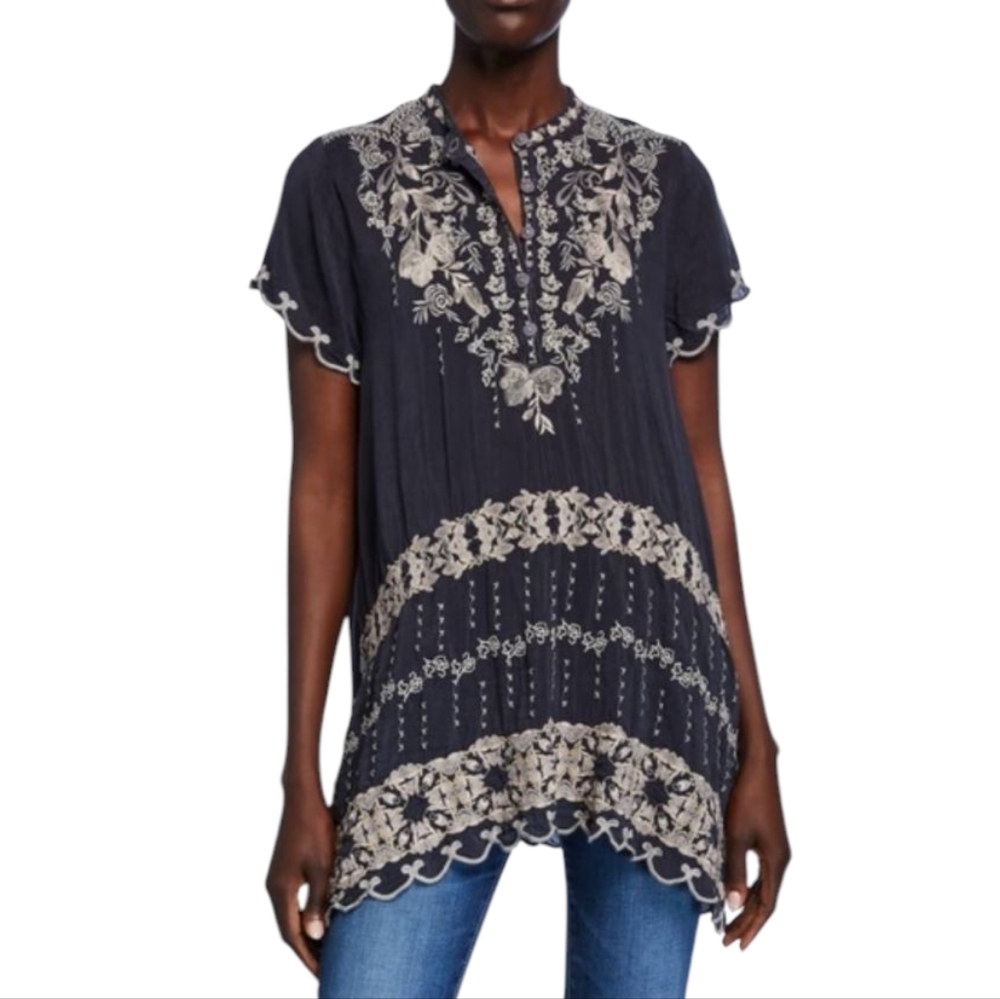 JOHNNY WAS Fletcher Embroidered Tunic Top Blue Grey Oversized Small - Picture 12 of 12